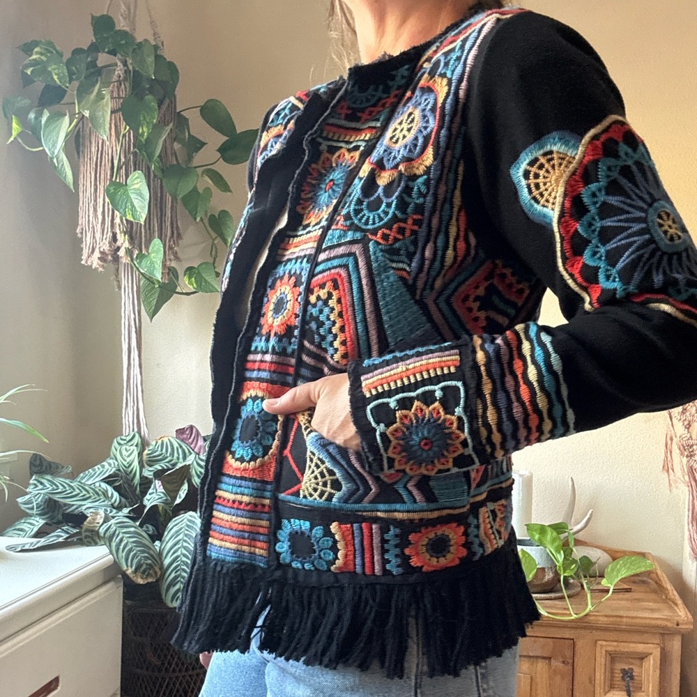 Johnny Was Black Jacket with Multicolor Embroidery